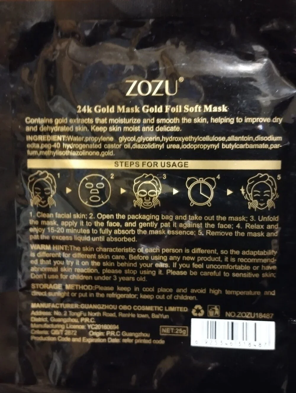 Zozu Supreme 24K Gold Foil Mask – Black & Gold.        3 CT